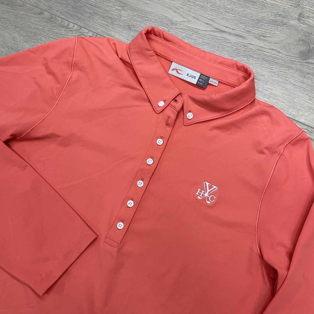 KJUS Yeamans Hall Club L/S Polo Shirt Women Sz L Slim Pink Salmon Golf Preppy